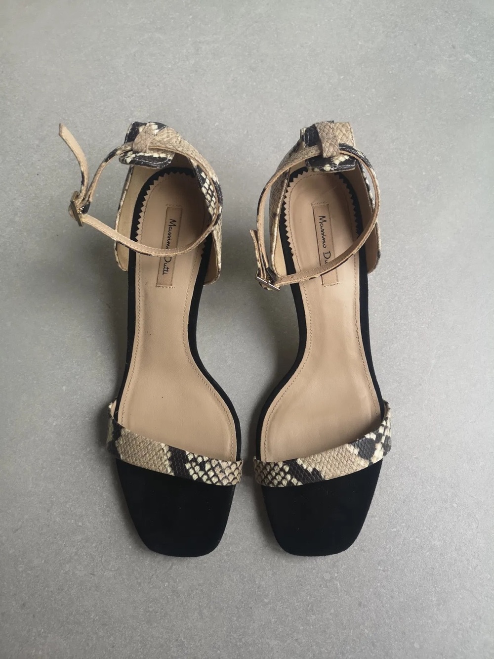 Massimo Dutti Black Suede & Snake-Print Ankle-Strap Heels